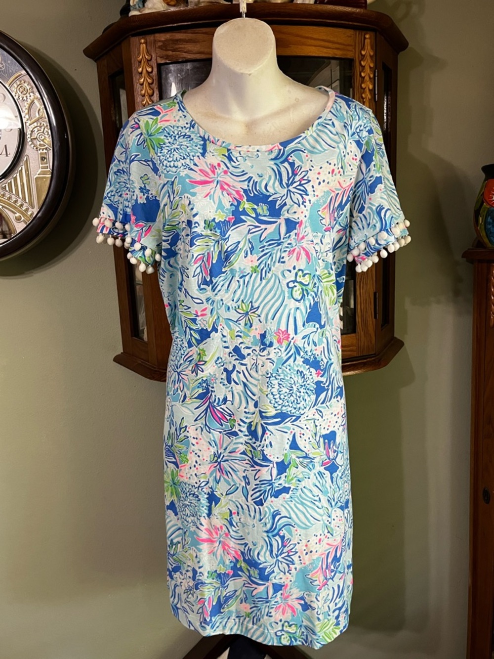 Lilly Pulitzer Pima Cotton Pom Pom Lion Pattern T-Shirt Dress Summer Size Medium